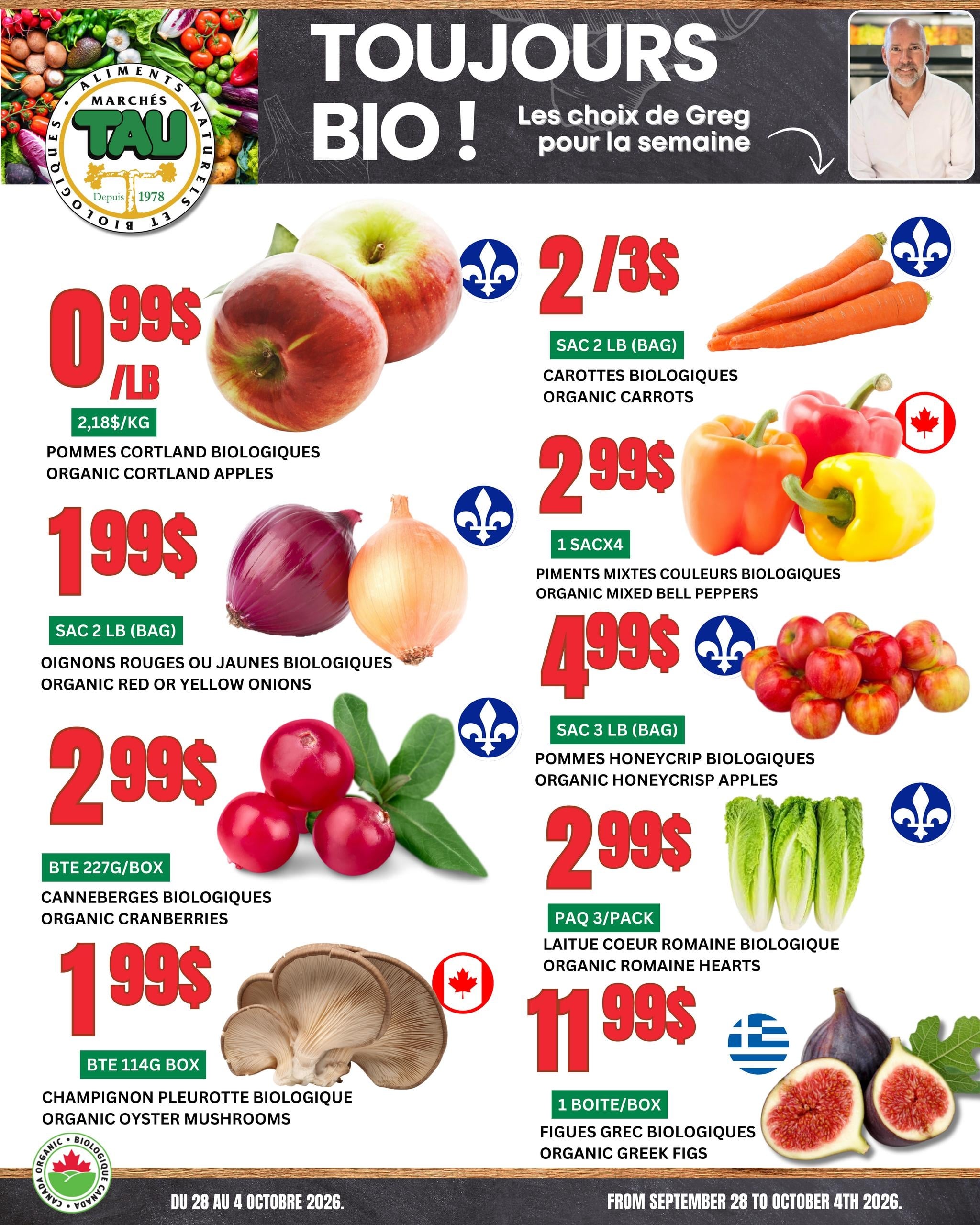Circulaire TAU Marché d'alimentation Naturelle Biologique — page 1, du 28 septembre au 4 octobre 2026